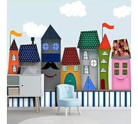 Cartoon Simple Creative Houses White Clouds Papier Peint 3d Moderne Soie Texturée Haut De Gamme IdéAl Pour Le Salon Et La Chambre à Coucher-200cm×140cm