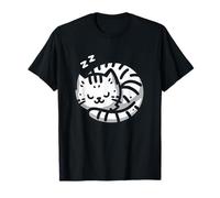 Cartoon Sleepy Cat - Minimal Black Line Art Cat T-Shirt