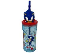 CARTOON Sonic Gobelet avec paille, 360 ml, réutilisable, avec couvercle et figurine 3D, bouteille pour enfants et adolescents, anti-goutte, 23 x 7,5 cm