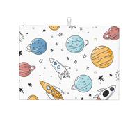 Cartoon Space Planet Tapis égouttoir absorbant pour comptoir de cuisine Univers fusée Tapis de café Protecteur avec boucle de suspension 45,7 x 61 cm