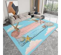 Cartoon Tapis Salon Lavable en Machine Planches De Bois Bleu Rose Étoile De Mer Rayures 120 x 170 cm Antidérapant Tapis, Chambre Pile Courte et Douce Doux Bureau Intérieur Extérieur Moquette