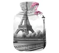 Cartoon Tower Bouillotte grise avec housse en velours doux pour compresse chaude et froide