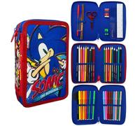 CARTOON Trousse 3 fermetures éclair Sonic triple complète 44 pièces papeterie pour l'école multi-compartiments stylos, crayons, couleurs, feutres Giotto