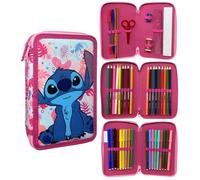 CARTOON Trousse 3 zip complet 44 pièces papeterie multi-compartiments stylos crayons couleurs marqueurs giotto pour l'école, Stitch rose, trousse