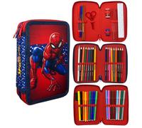 CARTOON Trousse 3 zip complet 44 pièces papeterie multi-compartiments stylos crayons couleurs marqueurs giotto pour l'école, Spiderman, trousse