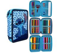 CARTOON Trousse 3 zip complet 44 pièces papeterie multi-compartiments stylos crayons couleurs marqueurs giotto pour l'école, Stitch bleu, trousse