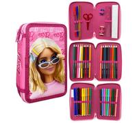 CARTOON Trousse 3 zip complet 44 pièces papeterie multi-compartiments stylos crayons couleurs marqueurs giotto pour l'école, Barbie, trousse