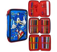 CARTOON Trousse 3 zip complet 44 pièces papeterie multi-compartiments stylos crayons couleurs marqueurs giotto pour l'école, Sonic, trousse