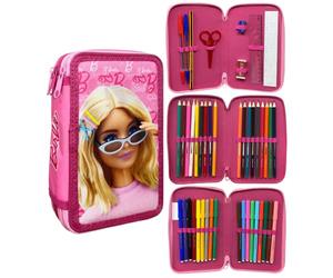 CARTOON Trousse 3 zip complet 44 pièces papeterie multi-compartiments stylos crayons couleurs marqueurs giotto pour l'école, Barbie, 19.5 x 12.5 x 7 cm, trousse