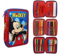 CARTOON Trousse 3 zip complet 44 pièces pour l'école multi-compartiments stylos crayons couleurs marqueurs Giotto, Mickey, 20 x 13 x 6 cm, Moderne