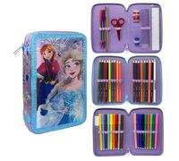 CARTOON Trousse 3 zip complet 44 pièces pour l'école multi-compartiments stylos crayons couleurs marqueurs Giotto, La Reine des neiges., Moderne