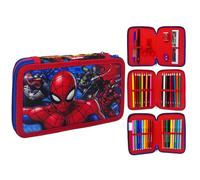CARTOON Trousse 3 zip complet 44 pièces pour l'école multi-compartiments stylos crayons couleurs marqueurs Giotto, Spiderman, 20 x 13 x 6 cm, trousse