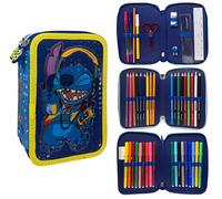 CARTOON Trousse 3 zip complet 44 pièces pour l'école multi-compartiments stylos crayons couleurs marqueurs Giotto, Stitch bleu, Moderne