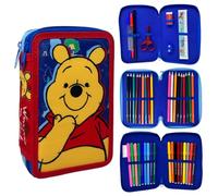 CARTOON Trousse 3 zip complet 44 pièces pour l'école multi-compartiments stylos crayons couleurs marqueurs Giotto, Winnie l'ourson, 20 x 13 x 6 cm, trousse