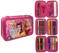 Cartoon Trousse 3 zip complet 44 pièces pour l'école multi-compartiments stylos crayons couleurs marqueurs Giotto, princesses, 20 x 13 x 6 cm, Moderne