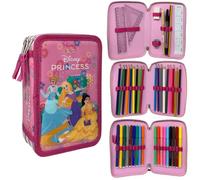 CARTOON Trousse 3 zip pour l'école complète 44 pièces de papeterie stylo Papermate marqueurs Giotto accessoire pour enfants et adolescents, princesses, trousse