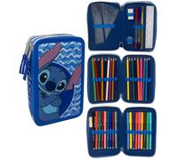 CARTOON Trousse à 3 fermetures éclair avec crayons et feutres Giotto, Stitch bleu, 20 x 13 x 6 Cm, Pot à crayons