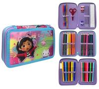 CARTOON Trousse à crayons complète avec 3 fermetures éclair - 44 pièces - Pour l'école - Plusieurs compartiments - Stylos de couleurs - Giotto - Gabby's Dollhouse - Moderne