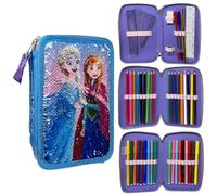CARTOON Trousse à paillettes réversibles 3 fermetures éclair pour l'école complète 44 pièces de papeterie feutres Giotto accessoire pour enfants et adolescents, La Reine des neiges., trousse