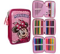 CARTOON Trousse à paillettes réversibles 3 fermetures éclair pour l'école complète 44 pièces de papeterie feutres Giotto accessoire pour enfants et adolescents, Minnie., trousse