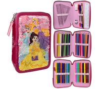 CARTOON Trousse à paillettes réversibles 3 fermetures éclair pour l'école complète 44 pièces de papeterie feutres Giotto accessoire pour enfants et adolescents, princesses, trousse