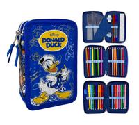 CARTOON Trousse multi-compartiments 3 fermetures éclair pour l'école complète 44 pièces stylos crayons couleurs marqueurs Giotto, Donald, 20 x 13 x 6 cm, trousse