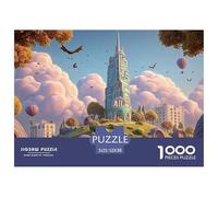 Cartoon Vector-Style Landscape 1000 Pièces Carton Premium Coffret De Puzzles Surreal Sky City Tower Stimulant Et Éducatif Jeu Familial Puzzles pour Adultes Et Enfants 52x38cm/1000pcs