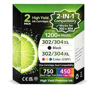 Cartouches Compatibles avec HP 302 304 XL, 2-en-1 Double Compatibilité, Pack de 2 Noir & Couleur, Cartouches d’Encre Compatibles HP 304/302, pour imprimantes DeskJet Envy OfficeJet