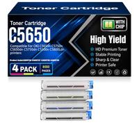 Cartouches de Toner compatibles C5650 43865708 43865707 43865706 43865705 avec Puce Haute capacité et rendement pour OKI C5650n C5750n C5650dn C5750dn C5500n C5800Ldn,4Pack-C5650