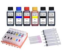 Cartouches Rechargeables avec puce auto reset pour Canon - Lot de 6 cartouches PGI-570 black, CLI-571 cyan, CLI-571 magenta, CLI-571 yellow, CLI-571 black, CLI-571 gray + 6 x 100 ml d'encre Premium