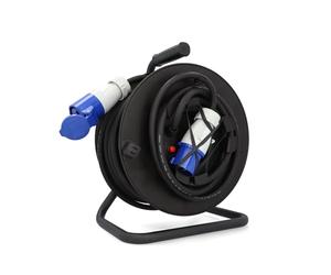 cartrend Explorer Enrouleur de câble CEE avec 1 prise CEE et 1 coupleur CEE, rallonge pour une utilisation durable en camping et en extérieur, avec frein de stationnement, IP44, 25 m, noir