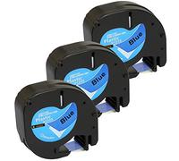 Cartridges Kingdom 3 Compatibles pour Dymo LetraTag 91205 S0721650 (12mm x 4m) Rubans Étiquettes Plastique, noir sur bleu