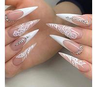 Carufin 24 Pcs Fleur de Prunier Ongles Longs Pointus Français Faux Ongles Cristal Acrylique Faux Ongles Presse sur Ongles Ballet Faux Ongles pour Femmes Filles (C)