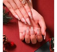 Carufin 24 pcs Neige Arbre de Noël Checker Pink Line Français Faux Nails Acrylique Nail Press on Nail Ballet Faux Nails pour Femmes Filles (D)