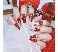 Carufin 24 pcs Neige Arbre de Noël Checker Pink Line Français Faux Nails Acrylique Nail Press on Nail Ballet Faux Nails pour Femmes Filles (E)