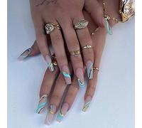 Carufin 24 Pièces Faux Ongles Violet Graduel Fleurs Long Cercueil Cristal Acrylique Ballet pour Femmes et Filles