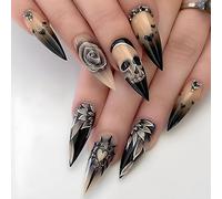 Carufin Lot de 24 faux ongles punk pointus à presser motif tête de mort rose foncé