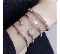 Carufin Star Moon Bracelet Boho Open Crystal Bangle Parure de bijoux pour femme et fille (lot de 4) (argent)