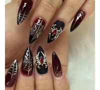 Carufin Toile d'araignée gothique avec araignée en métal, faux ongles détachables pour femme - Noir foncé et rouge