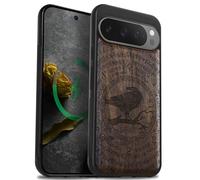 Carveit Bois Coque pour Pixel 9 Pro, Noyer-Sagesse du Corbeau Runique