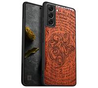 Carveit Coque Compatible avec Galaxy S21 Étui en Bois [Etui en Bois Rigide Antichoc avec Cadre en TPU] Coque pour Samsung S21 téléphone (Rosé-Octopus de l'ancien Manuscrit)