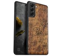 Carveit Coque Compatible avec Galaxy S22 Étui en Bois Cover, Etui en Bois Rigide Antichoc avec TPU Case pour Samsung S22 Coque (Noyer-Un modèle sans Couture de Fleurs)