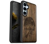 Carveit Coque Compatible avec Galaxy S24 FE 5G Étui en Bois Cover, Etui en Bois Rigide Antichoc avec TPU Case pour Samsung S24 FE 5G Coque (Noyer-Nuit Sauvage)