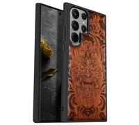 Carveit Coque Compatible avec Galaxy S24 Ultra 5G Étui en Bois Cover, Etui en Bois Rigide Antichoc avec TPU Case pour Samsung S24 Ultra 5G Coque (Rosé-Masque Infernal)