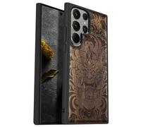 Carveit Coque Compatible avec Galaxy S24 Ultra 5G Étui en Bois Cover, Etui en Bois Rigide Antichoc avec TPU Case pour Samsung S24 Ultra 5G Coque (Noyer-Masque Infernal)