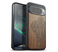Carveit Coque Magnétique pour Google Pixel 10/Pixe 10 Pro Étui Bois Case de Téléphone Antichoc Bumper TPU Compatible Magsafe Pixel 10/10 Pro Coque Bois Etui (Noyer-Éléphant Lotus Indien)
