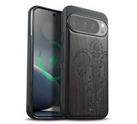 Carveit Coque Magnétique pour Google Pixel 10/Pixe 10 Pro Étui Bois Case de Téléphone Antichoc Bumper TPU Compatible Magsafe Pixel 10/10 Pro Coque Bois Etui (Bois Sombre-Éléphant Lotus Indien)