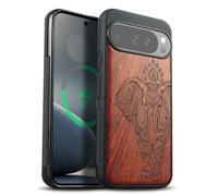 Carveit Coque Magnétique pour Google Pixel 10/Pixe 10 Pro Étui Bois Case de Téléphone Antichoc Bumper TPU Compatible Magsafe Pixel 10/10 Pro Coque Bois Etui (Rosé-Éléphant Lotus Indien)