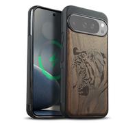 Carveit Coque Magnétique pour Google Pixel 10 Pro XL Étui Bois Case de Téléphone Antichoc Bumper TPU Compatible Magsafe Pixel 10 Pro XL Coque (Noyer-Portrait de Tigre Royal)