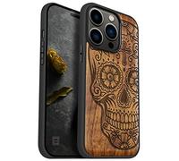 Carveit Coque magnétique pour iPhone 14 Pro [amulette Noyer] [Pare-Chocs en TPU Souple] téléphone Antichoc Compatible avec 14 Pro Magsafe Coque Bois (Crâne de Sucre/Dis de Los Muertos)